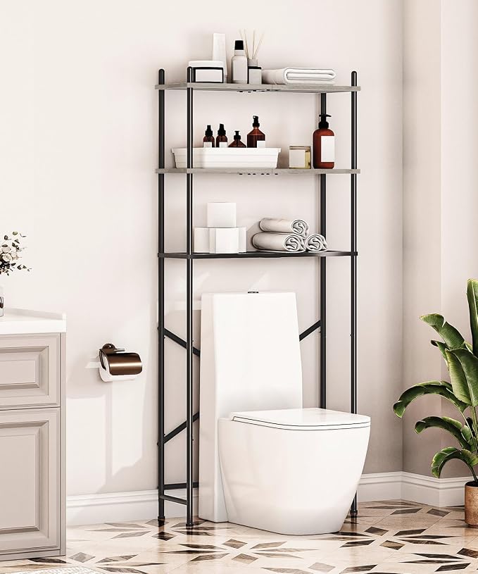 HOOBRO Over the Toilet Storage, 3-Tier Over Toilet Bathroom Organizer, Freestanding Above Toilet Shelf with Adjustable Feet, Space Saving, Easy Assembly, Greige and Black BG63TS01
