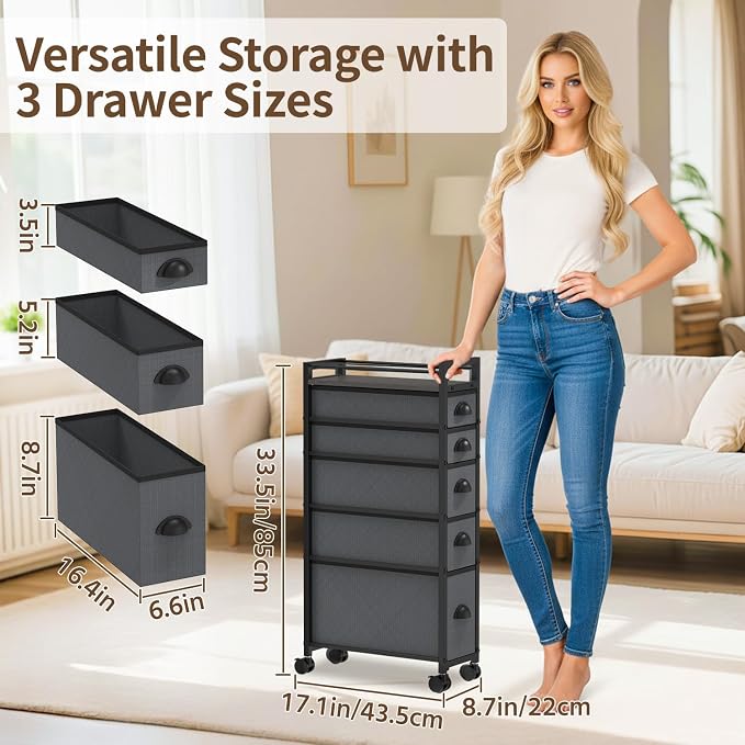 LASZOLA 5 Drawer Narrow Slim Cabinet Skinny Storage Tower Chest, Ideal for Small Spaces, Between Washer and Dryer, Lightweight Mobile on Wheels, Sturdy Fabric Drawers