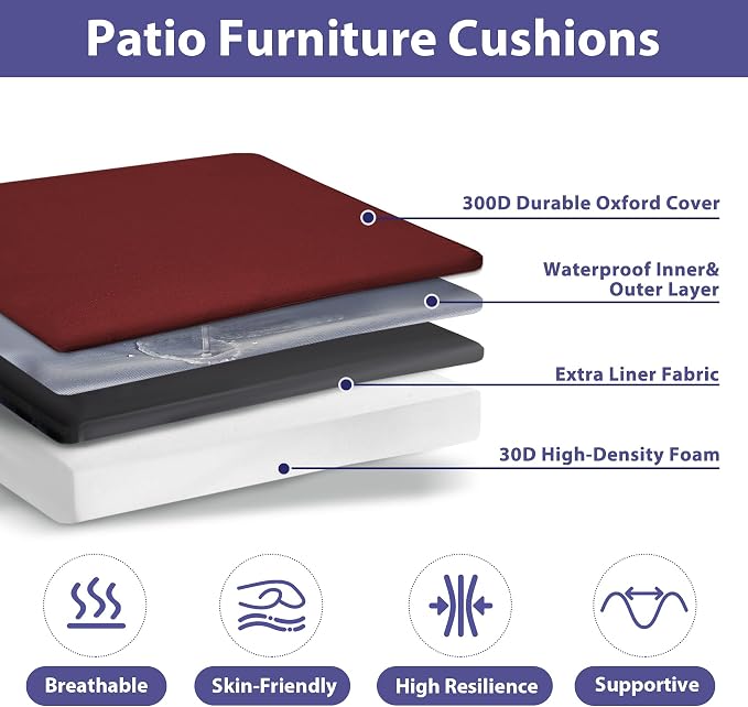 IPYNBAP Outdoor Chair Cushions Set of 4 -Waterproof Outdoor Seat Cushions for Patio Furniture, Patio Chair Cushion with Handle and Ties, Out Door Chair Pads,19x19x3-Square, Burgundy