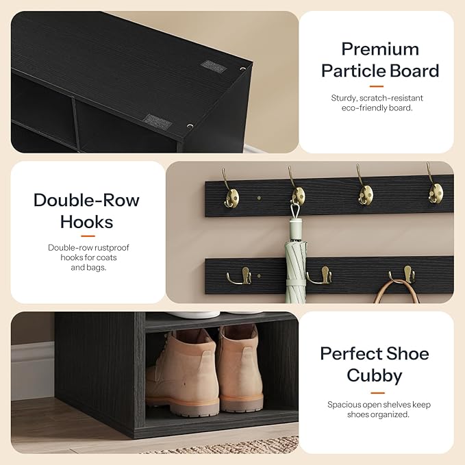 HOOBRO Shoe Storage Bench with Cushion, 39.4" L Entryway Bench with 12 Cubbies, Entryway Hall Tree with Storage, Cubby Shoe Rack Bench with Coat Rack for Hallway, Holds up to 330 lb, Black BB112HX01