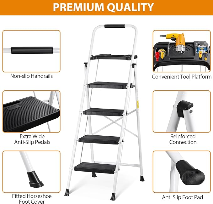 ZENY 4 Step Ladder, Folding Step Stool for Adults, Portable Steel Ladder with Tool Platform, Wide Anti-Slip Pedal, Safety Locking, Lightweight (White)