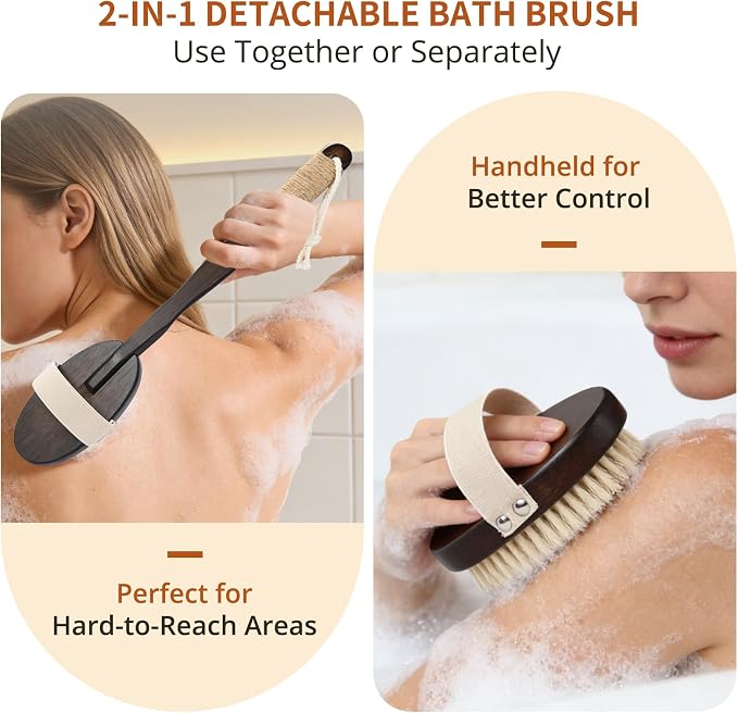 Dry & Wet Brushing Body Brush, Natural Boar Bristle Back Scrubber for Shower with Detachable Handle, Exfoliating Brush for Lymphatic Drainage, Improved Circulation & Smooth Skin