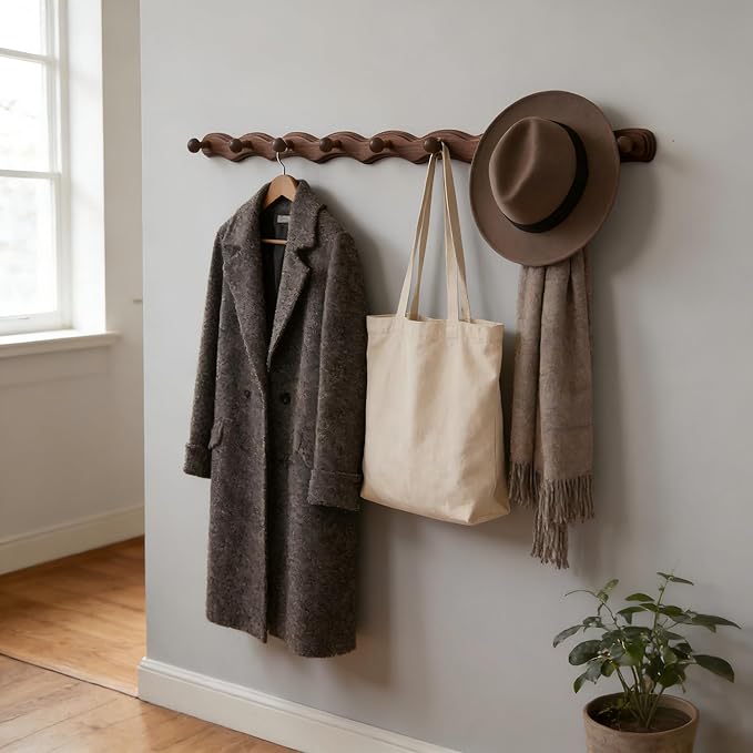 Wood Coat Rack Wall Mount -8 Pack Walnut Coat Hooks for Hanging Clothes,Keys, Robes,Purse,Towels,Bags,Backpack, Modern Decorative Wall hooks Heavy Duty Hanger Organizer for Bathroom,Entryway & Bedroom