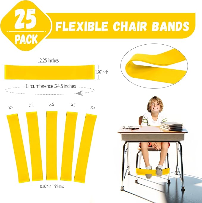 25 Pack Chair Bands for Kids with Fidgety Feet, ADHD Tools for Kids, Improve Focus & Reduce Restlessness, Chair Bands for Sensory ADHD ADD Autism - Classroom & Home Must Haves (Yellow)
