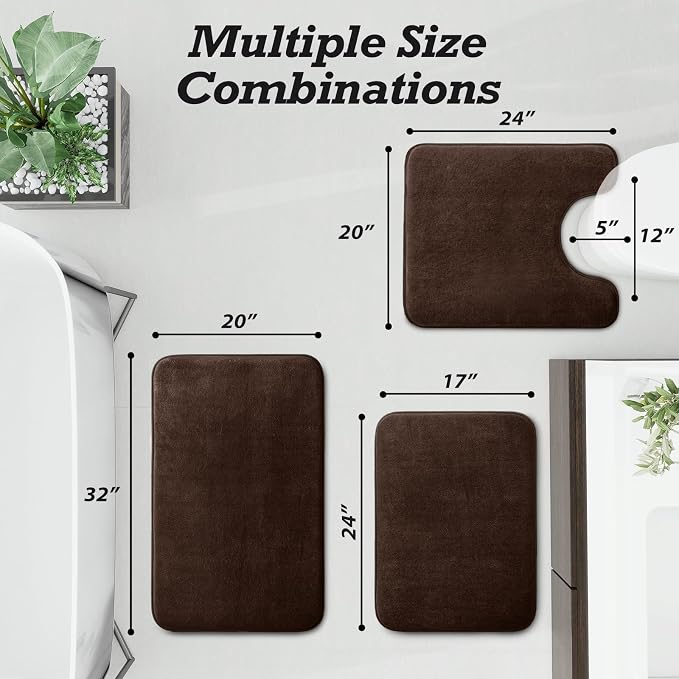 HUXMEYSON Bathroom Rugs Sets 3 Piece, Non-Slip & Quick Dry Bath Mat Set, Ultra Soft Velvet Bath Rugs for Bathroom, Toilet and Shower Floor, Brown