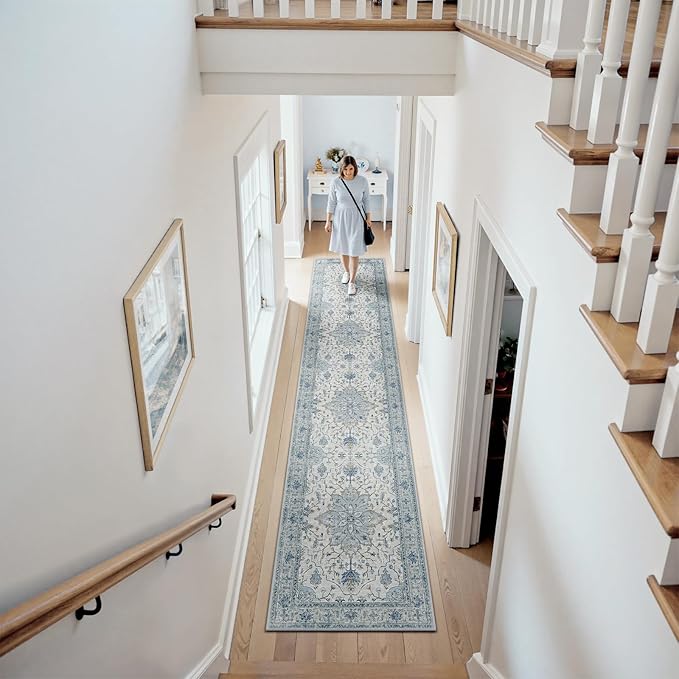 RELEANY Area Rugs Runner 3'x10' Washable Non-Slip, Floral Vintage Distress Medallion Carpet for Kitchen Hallway Bedroom Beside Laundry Room Bathroom, Light Blue Navy Gray White