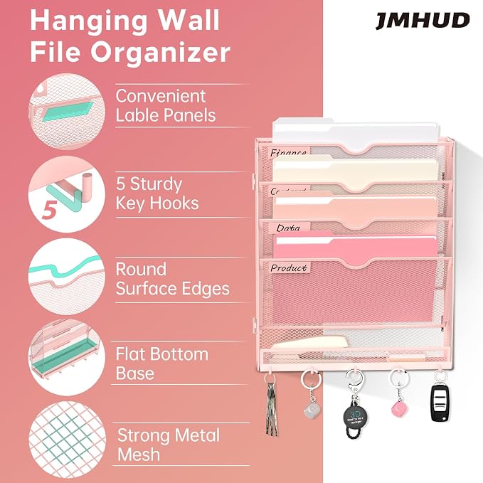5 Tier Wall File Organizer - Hanging File Organizer with 5 Hooks, Mail Holder Wall Mounted for Papers, Folders, Magazines, Bills, Office&School Organization, Pink
