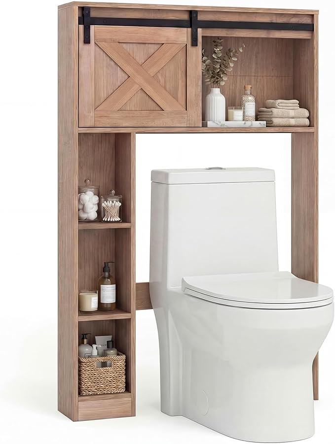 Giantex Over The Toilet Storage Cabinet - Freestanding Bathroom Organizer with Sliding Barn Door & Storage Shelves, Multifunctional Bathroom Toilet Rack for Bathroom, Restroom, Laundry (Rustic Brown)