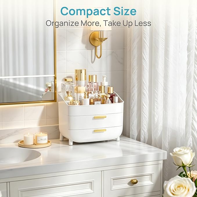 Vtopmart 3-Tier Skincare Makeup Organizer with Drawers for Vanity and Bathroom Countertop, Large Cosmetic Storage Box Case for Dresser, with Non-Slip Base