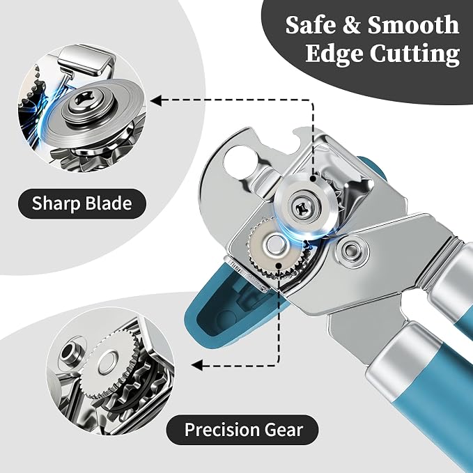 Can Opener Manual, Hand Heavy Duty Stainless Steel Bottle Opener Comfortable Handle, Sharp Blade Smooth Edge, Multifunctional Kitchen Tool, Blue