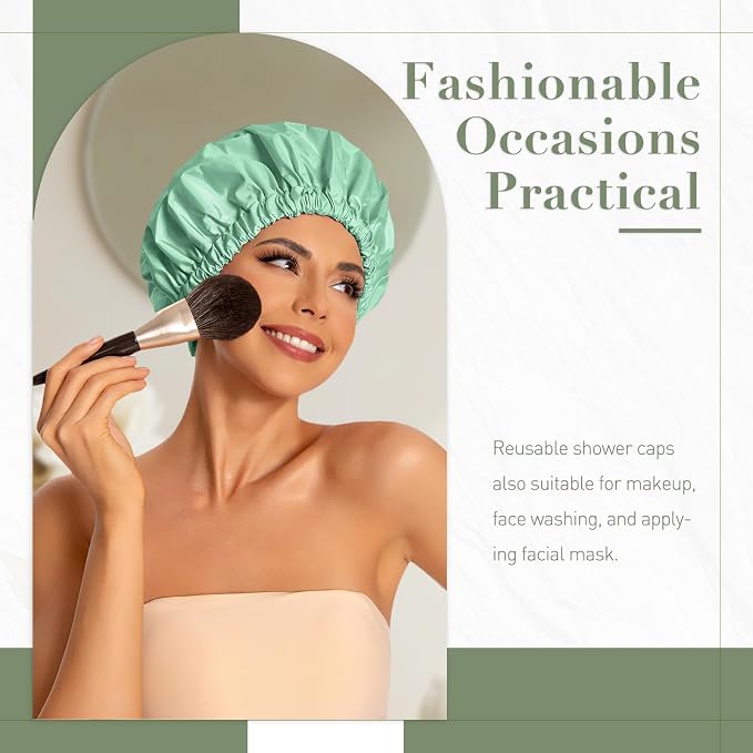 Reusable Shower Cap for Women, Large Waterproof Shower Bonnet with Elastic Band, Washable Bath Hair Cap for Long, Curly Hair, Braids, Daily Shower, Home Spa, Travel(Green Bean)