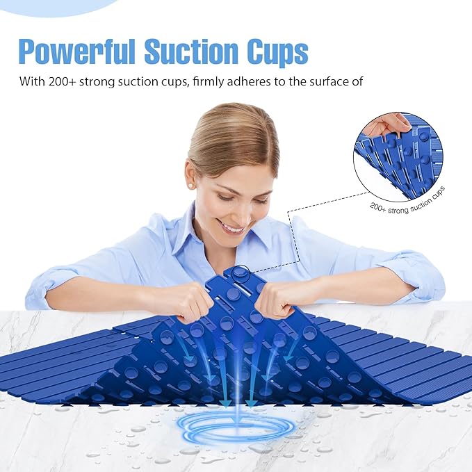 Shower Mat Non-Slip Bath Mat for Tub and Shower Stall,236 Suction Cups with Drain Holes, Quick Dry Machine Washable, Extra Grip for Stand Up Showers, Bathroom Essentials 24x24 Inch (Blue)