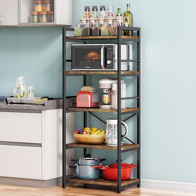 Denkee 5-Tier Bakers Rack with Storage, Kitchen Microwave Stand Shelf, Coffee Bar for Small Spaces, Free Standing Kitchen Storage Shelf Rack, 23.62" L x 15.75" W x 60.24" H