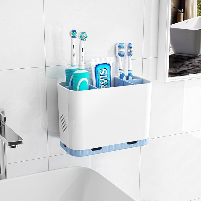 Toothbrush and Toothpaste Holders for Bathrooms Countertop - Detachable 5 Slots Kids Electric Toothbrush Holders Set Wall Mounted with Removable Dividers for Bathroom Decor and Accessories Organizer