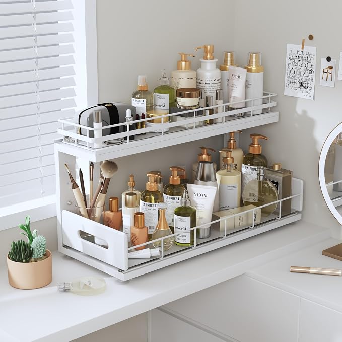 Under Sink Organizer Upgrade To Professional Rails,2-Tier Dual Pull Out Cabinet Storage,Height Adjustable Slide Out Drawers For Bathroom Kitchen,2 Pack-18.5"Dx12.8"-16.9"H,White