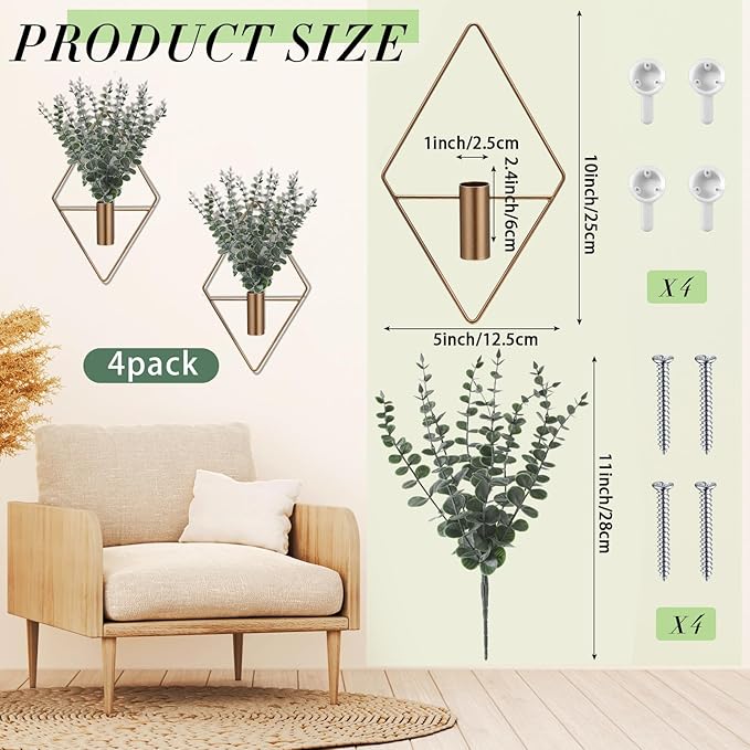 Jexine 4 Pcs Hanging Planters with Artificial Eucalyptus Metal Hanging Vase Indoor Plants Holder Modern Geometric Boho Bathroom Wall Decor for Living Room Home Office (Eucalyptus,Bronze)