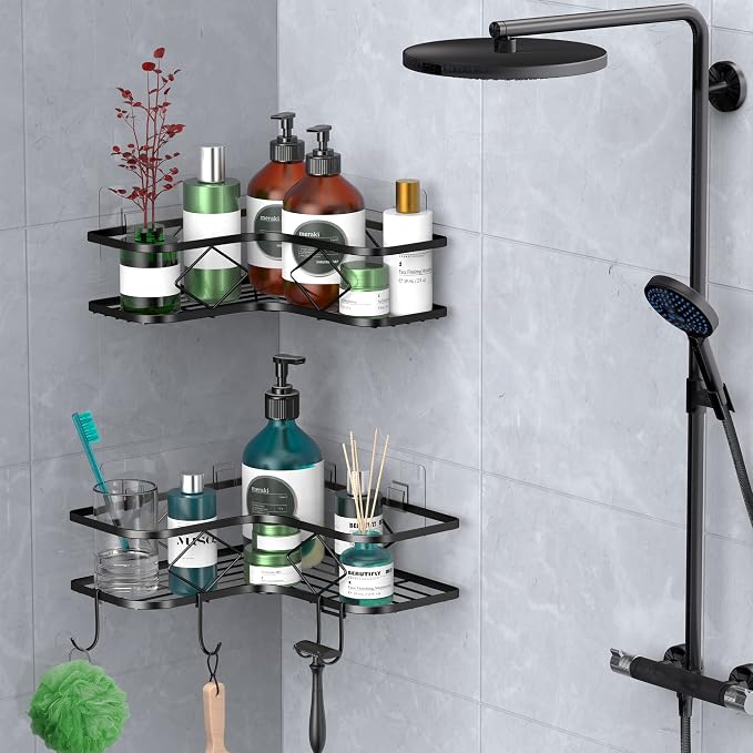 Shower Caddy, 2 Pack Corner Organizer Shelf, Rustproof Wall Mount Shower Storage Rack, No Drilling, 40 lbs Capacity (Glossy Black)