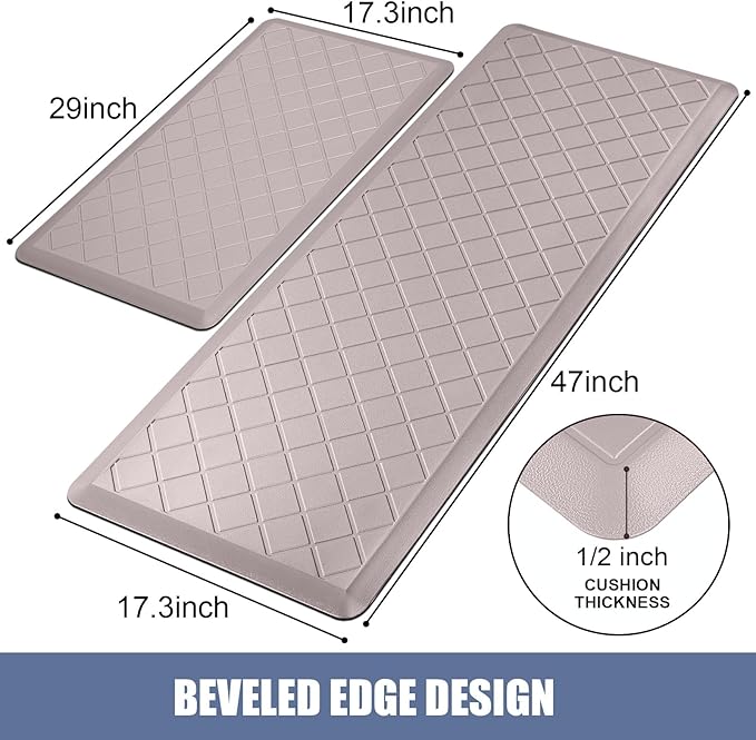Cushioned Kitchen Mat 2 PCS, Anti Fatigue Kitchen Rugs, Heavy Duty Non-Skid, Ergonomic Comfort Foam Kitchen Floor Mat for Home, Office, Sink, Laundry, Khaki