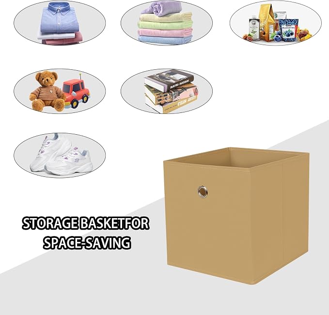 Foldable Storage Cubes Bins ,11 Inch Cloth Storage Cube Fabric Storage Box Cubes Organizer Baskets with Dual Handles for Home Organizer Set of 3 (Khaki)