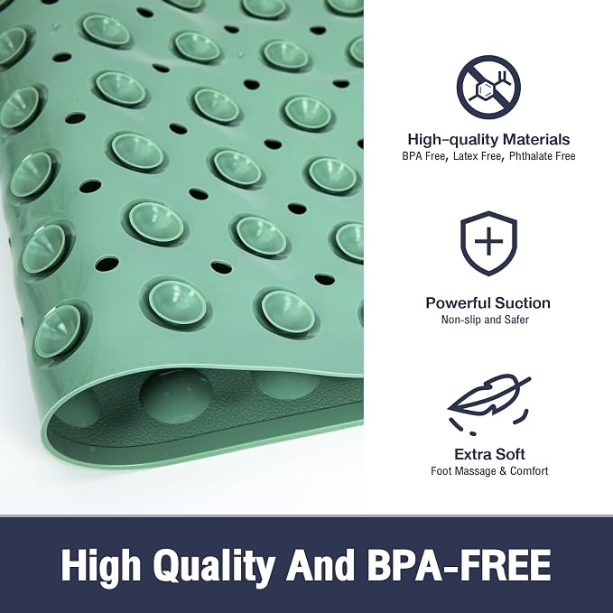 Extra Long Bathtub Mat Non Slip, MARRS Green Soft Bath Mat for Tub 40 x 16 Inch Full Size, Bath Tub Shower Mats for Bathroom Floor, Big Suction Cups and Drain Holes, Easy Washable, BPA Free