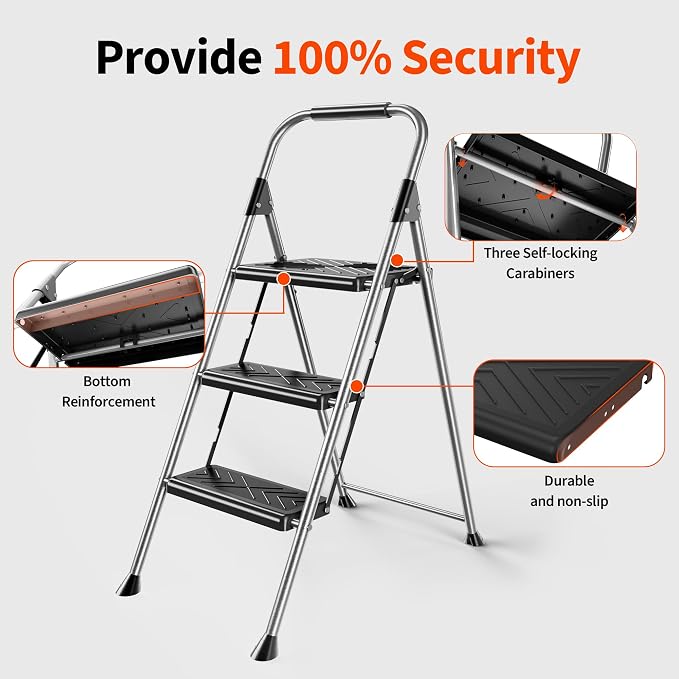 DIAMONDFORGE 3 Step Ladder, Folding Step Stool with Anti-Slip Wide Pedal, Soft Handle, Anti-Slip Feet, Sturdiest Steel Construction, 900lbs Capacity Steel Ladder for Home and Office, Grey