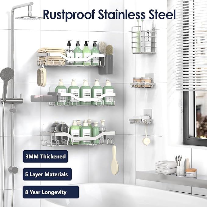 NESOMI Shower Caddy Adhesive Shower Organizer 8-Pack, Rustproof Stainless Steel Bathroom Shelves, Large Capacity No-Drill Rack Storage Accessories with Soap Dish Toothbrush Holder Hooks