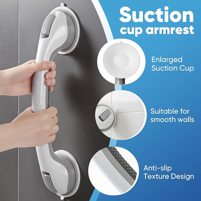 Shower Grab Bars for Bathtubs and Bathrooms, 2025 Upgraded 16 Inch 2 Pack Safety Handle with Strong Suction & Anti-Slip Grip, Removable Shower Handles for Seniors, Elderly, Handicap – Gray