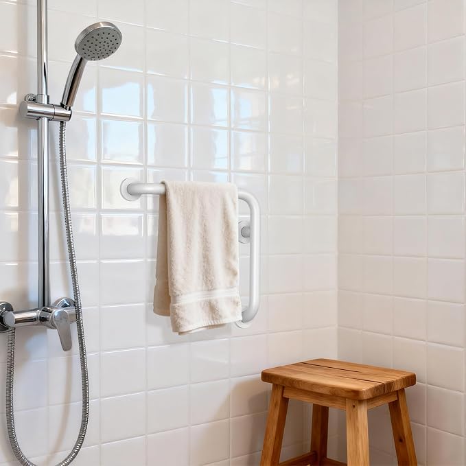 Angled Grab Bar 16x16 Inch White, L-Shaped Shower Grab Bar w/16 Inch Straight Bathtub Toilet Safety Handrail Wall Mounted, Stainless Steel Balance Support Bar for Seniors Elderly Injury Handicap