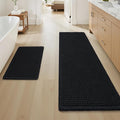 Upgraded Waffle Bath Mat Set of 2 Super Absorbent Non Slip Bath Mats for Bathroom Floor, Washable Boho Bathroom Rugs Set 2 Pieces with Tassels, Soft Bathroom Mat Set, Black, 17" x 24" Plus 17" x 48"