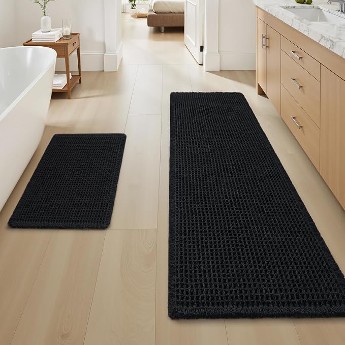 Upgraded Waffle Bath Mat Set of 2 Super Absorbent Non Slip Bath Mats for Bathroom Floor, Washable Boho Bathroom Rugs Set 2 Pieces with Tassels, Soft Bathroom Mat Set, Black, 17" x 24" Plus 17" x 48"