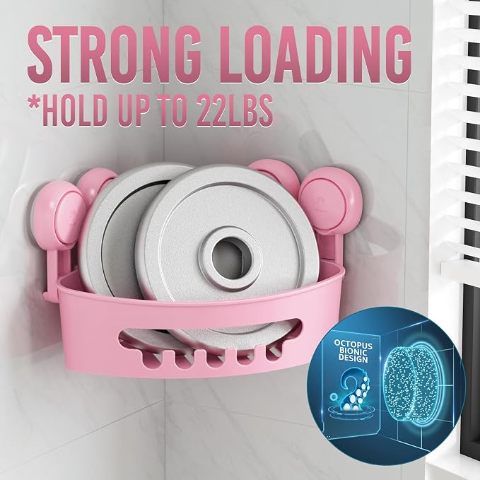TAILI Suction Corner Shower Caddy, Bathroom Shelf Storage Basket Wall Mounted Organizer for Shampoo, Conditioner, Plastic Rack for Kitchen and Bathroom, Drill-Free Removable (2 Pack)-PINK