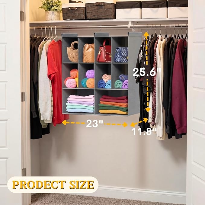 Ofiray-home 3 Tier Hanging Closet Organizer, 10 Compartments Sweater Organizer for Closet with 3 Sturdy Hooks, Closet Organizers and Storage, Wardrobe, Rv, Garment Rack, Grey