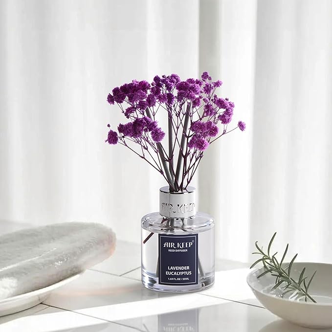 Airkeep Reed Diffuser Set,1.69 fl oz (50 ml) - Lavender Eucalyptus Oil Diffusers with 8 Reed Sticks,Home Fragrance Reed Diffuser for Bathroom Shelf Decor