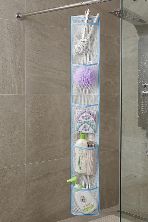 ALYER Narrow Mesh Fabric Shower Caddy Organizer with Hanger,Hanging Mesh Pockets for Shampoo, Conditioner, Soap and Body Wash (Blue)