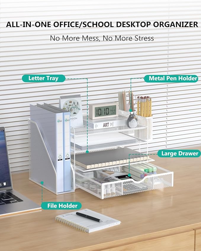 WALI Desk File Organizer, 4 Tier Desktop Paper Letter Tray Organizer with Drawer and 2 Pen Holders, Office Desk Accessories & Workspace Organizers for Office, Home Supplies(DO005DH-W), 1 Pack, White