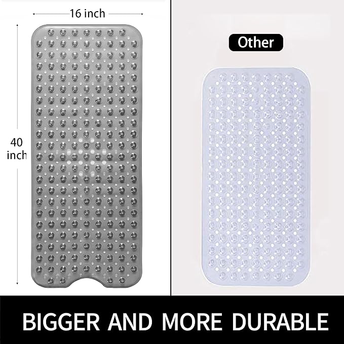 Bathtub and Shower Mats, Extra Long Non-Slip Bath Mat 39 x 16 Inch, Machine Washable Bath Tub Mat with Suction Cups & Drain Holes for Bathroom, Clear Grey