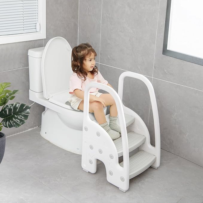 Costzon 3-Step Stool for Toddlers, Children Step Up Leaning Helper with Safety Handles, Non-Slip Pedals, Kids Standing Tower for Kitchen Counter, Bathroom Sink, Toilet Potty Training (Grey)