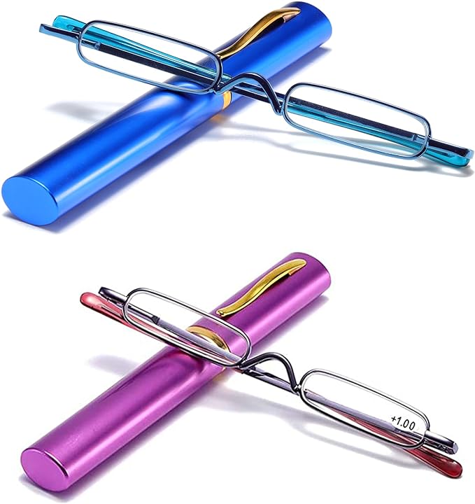 Viseng Slim Mini Metal Reading Glasses Compact Lightweight Portable Readers with Glasses Case for Reading Case Blue+Purple+3.0
