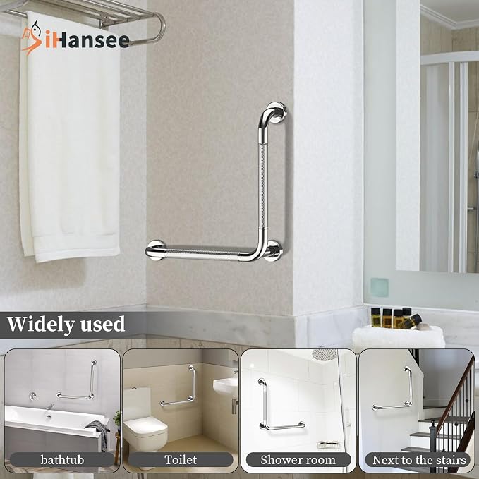 L-Shaped Angled Grab Bar 16x16 Inch Chrome Anti-slip Knurled Shower Handle Wall Mount, Stainless Steel Shower Bars Safety for Seniors Injured Balance Support, Handicap Grab Bars for Bathtubs & Showers