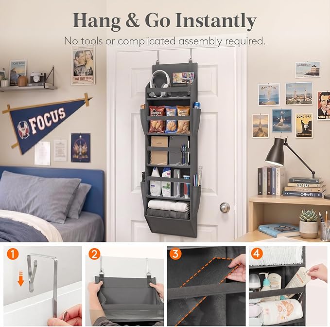 Lifewit 1 Pack Over the Door Organizer, 5 Section Clear Window Hanging Storage with 4 Side Pockets, Sturdy Anti Tilt 40 lbs Load Behind Door for Closet, Bedroom, Bathroom, Nursery, Dorm, Dark Gray