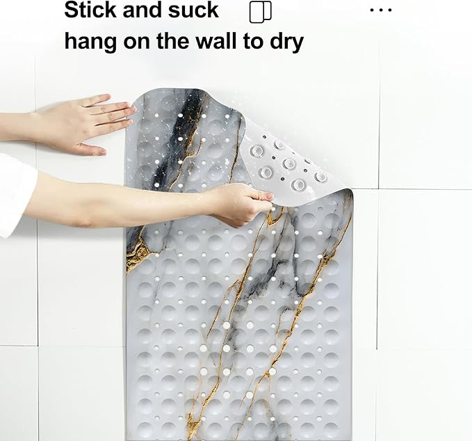LNOND Marble Bath Tub Mat Non Slip, Extra Long 40 X 16 Inch Anti Slip Mat for Bathtub, White Gold Marble Shower Mat with Drain Holes and Suction Cups, Machine Washable