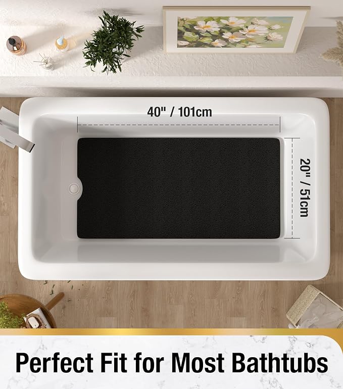 HITSLAM Non Slip Bathtub Mat 40 x 20 Inch, Extra Long Bath Mat for Tub, Soft PVC Loofah Shower Floor Mat with Drain, Quick Drying Bathroom Tub Mat for Wet Area, Without Suction Cup, Black