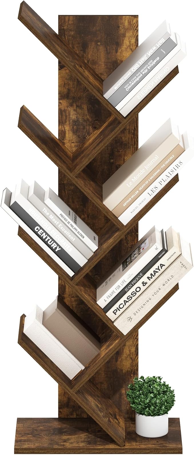 Furinno Tree Book Shelf, 7-Tier Bookshelf with Angled Open Shelf, Tree Bookcase for Room Decor, 8.4 x 15.7 x 39.4, for Organization and Storage, for Living Room, Bedroom, Home Office, Amber Pine