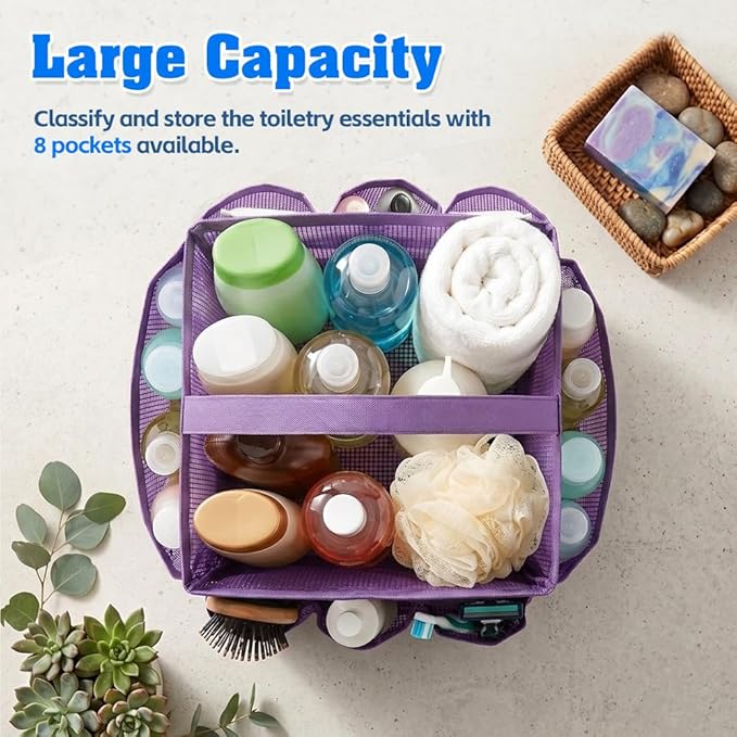 Mesh Shower Caddy Portable for College Dorm Room Essentials, Large Capacity Shower Caddy Dorm Bag with 9-Pockets, Quick-Dry Toiletry Organizer for Gym Beach Camping Travel Bathroom, Purple