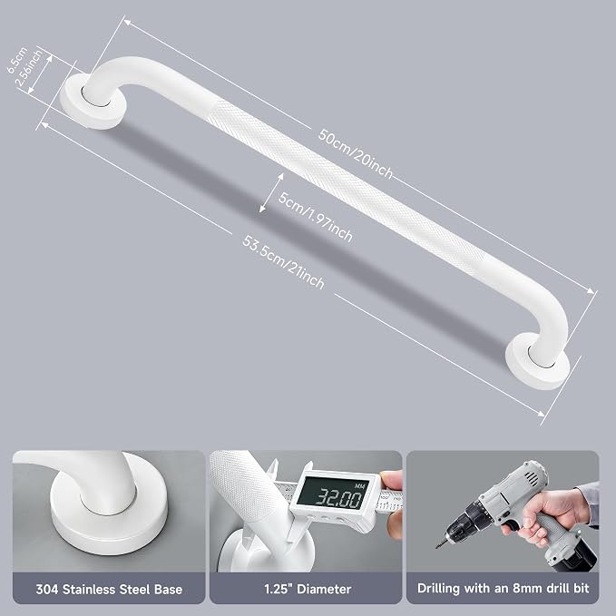 20 Inch Shower Grab Bar 1.25" Dia, 2 Pack White Anti Slip Bathroom Grab Bar, 304 Stainless Steel Knurled Handicap Grab Bars, Safety Support Handrail,Bath Shower Handle for Elderly Injury Senior