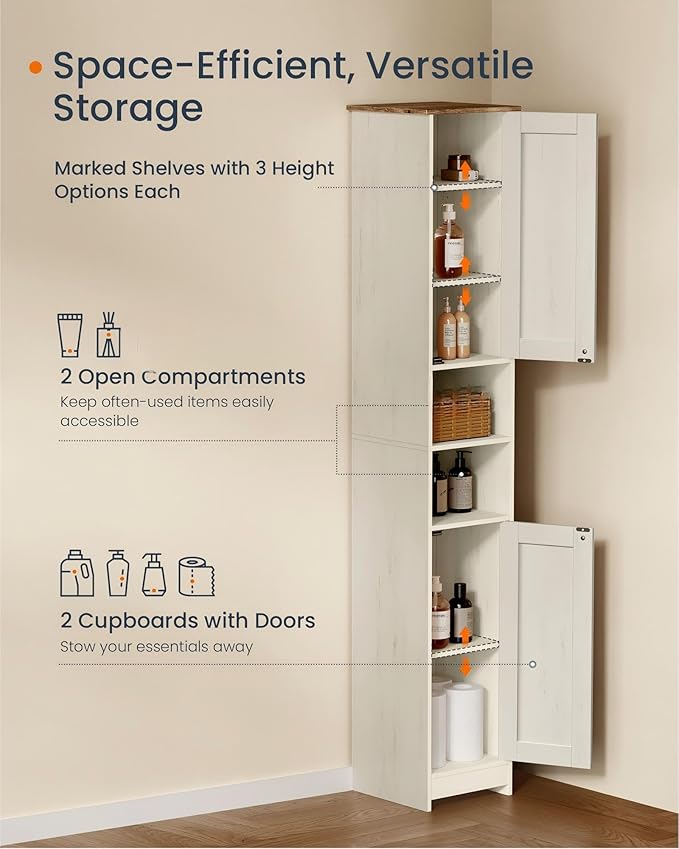 SONGMICS Home 67-Inch Tall Bathroom Storage Cabinets, Superfast Toolless Assembly, 11.8-Inch Wide Slim Narrow Freestanding Cabinet with Adjustable Shelves, Kitchen Living Room, 2 Pack, Rustic White