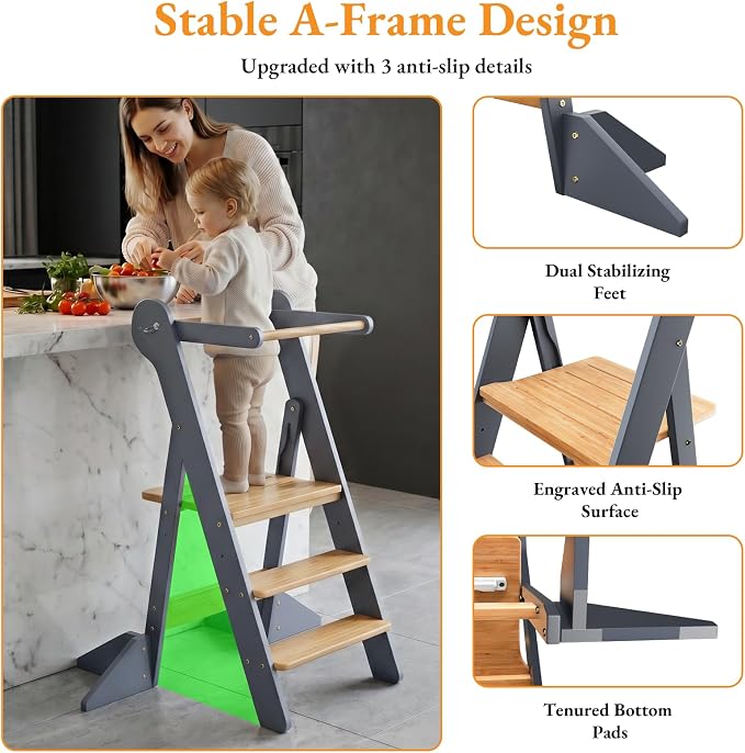 COSYLAND Foldable Toddler Standing Tower - Adjustable Height Folding Step Stool Kids Toddler Kitchen Stool for Learning and Cooking - Ages 18 Months to 6 Years with Safety Net Natural & Grey