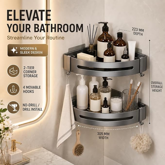 Corner Shower Caddy - 2 Pack Rustproof Stainless Steel Bathroom Organizer Shelves for Inside Shower, No Drill Adhesive Wall Mount Heavy Duty Storage Rack with 4 Hooks, Gunmetal