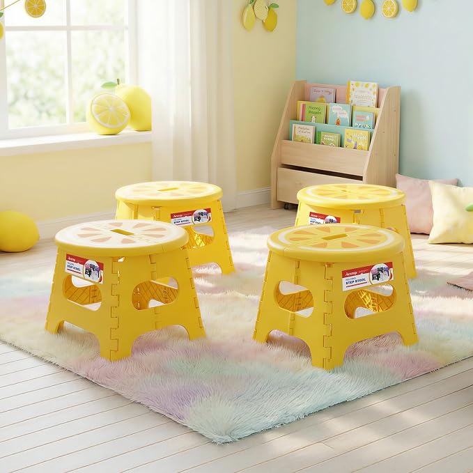 ACSTEP Folding Step Stool 9 Inch, Sturdy Collapsible Step Stool Foldable Up to 265 lb for Kids Toddlers & Adults, Non Slip Foot Stools with Handle for Kitchen, Bathroom, Bedroom, Outdoor, Lemon Yellow