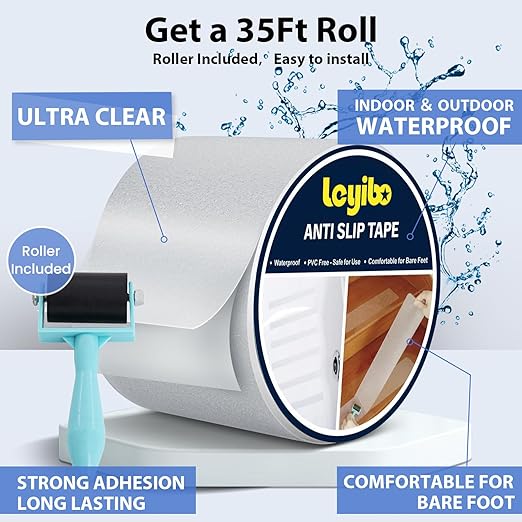 Anti Slip Tape Clear Waterproof Outdoor/Indoor, 4" x 35Ft Non Slip Traction Grip Tape for Bathtubs, Boats, Stairs, Pools, Transparent, Soft, Comfortable for Bare Feet (4" X 35')